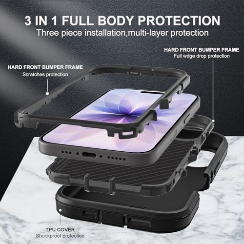 YKHJKLEC for iPhone 17 Case, Military Grade 3 in 1 Heavy Duty Shockproof/Drop Proof/Dust Proof Case with 2Pcs Tempered Glass Screen Protector (Black/Black) - color: Black/Black