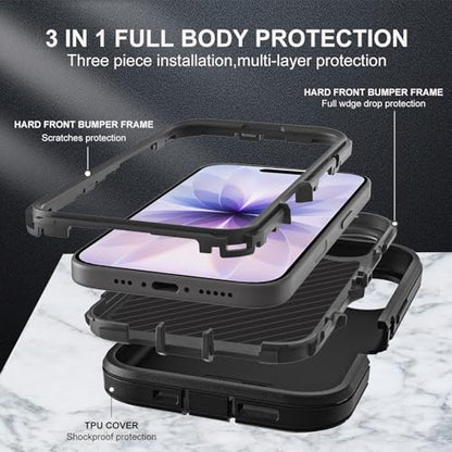 YKHJKLEC for iPhone 17 Case, Military Grade 3 in 1 Heavy Duty Shockproof/Drop Proof/Dust Proof Case with 2Pcs Tempered Glass Screen Protector (Black/Black) - color: Black/Black