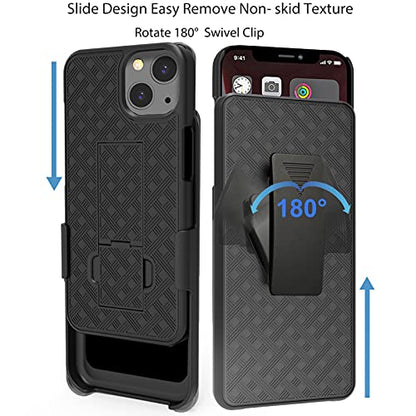 for iPhone 13/14 Case Belt Clip, Holster Screen Protector-Black | Swivel Stand Holder, Slim Shell Slide Pouch Full Body Drop Protective, Rugged Heavy Duty Shockproof Outdoor Cell Phone Cover - size: iPhone 13
