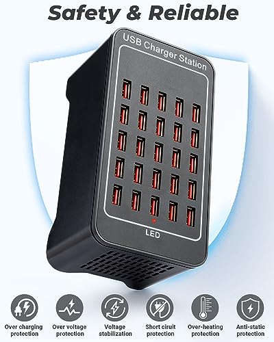 USB Charging Station, 25 Port 125W(25A), Travel Desktop USB Rapid Charger, Multi Ports Fast Charging Station Organizer Compatible with Smartphones, Tables, and More Devices