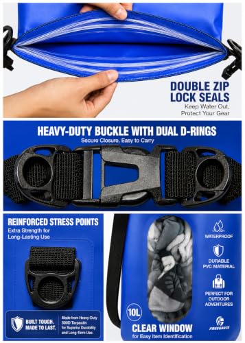 Freegrace Waterproof Dry Bag with Double Zip-Lock, Phone Case & Waist Pouch | 5L Navy Blue, Clear Window, Submersible 500D Drysack, Adjustable Crossbody Strap, Gear For Kayaking, Boating, Beach, Swimming - color: Navy Blue, size: 5L, style: Window