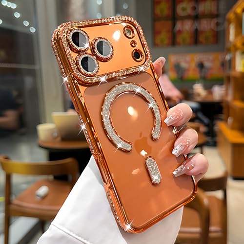 MINFEDUCT Glitter Diamond Magnetic Case for iPhone 17 Pro Max Clear Support Wireless Charging 17 Pro Max Case Women Girls Cute Bling Luxury Shiny Sparkle Shockproof Protective Cover 6.9", Orange - color: Orange, size: For iPhone 17 Pro Max 6.9"