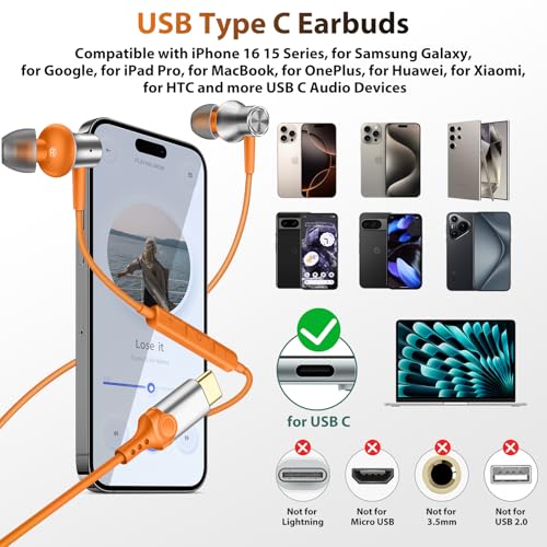 COOYA USB C Headphones for iPhone 17 18 Pro Max/iPad Wired Earbuds Orange - color: Orange