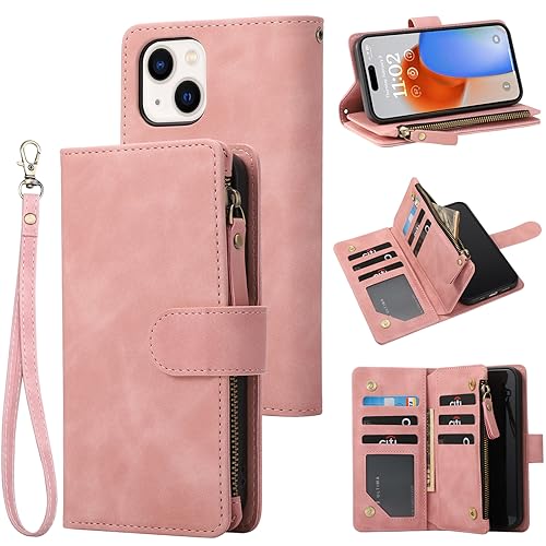 RANYOK Wallet Case for iPhone 15 (6.1 inch) with RFID Blocking Credit Card Holder, Premium PU Leather [Zipper Pocket] Flip Folio Case Wallet with Wrist Strap Kickstand Protective Case (Pink) - color: Pink