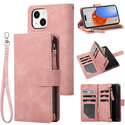 RANYOK Wallet Case for iPhone 15 (6.1 inch) with RFID Blocking Credit Card Holder, Premium PU Leather [Zipper Pocket] Flip Folio Case Wallet with Wrist Strap Kickstand Protective Case (Pink) - color: Pink