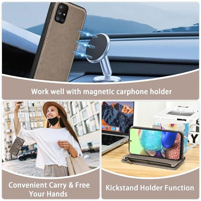 Asuwish Phone Case for Samsung Galaxy A71 5G Zipper Wallet Magnetic Detachable Cell Cover with Tempered Glass Screen Protector Crossbody Strap Flower Card Holder Slot A 71 G5 71A S71 Women Girls Gray - color: Gray
