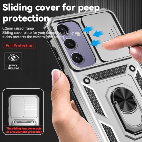 for Samsung Galaxy S24 FE Case with Camera Lens Cover HD Screen Protector, Dual Layer Military-Grade Drop Tested Magnetic Ring Holder Kickstand Protective Phone Case for Galaxy S24 FE (Silver) - color: Silver with camera cover Military-Grade 2nd gen