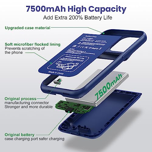 Battery Case for iPhone 13/13Pro/14,7500mah Ultra-Slim Protective Charging Case,Portable Rechargeable Expandable Battery Charger-Blue - color: Blue