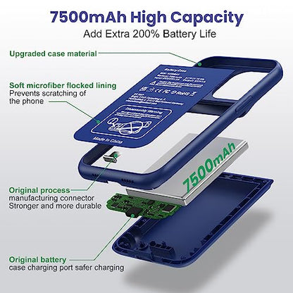Battery Case for iPhone 13/13Pro/14,7500mah Ultra-Slim Protective Charging Case,Portable Rechargeable Expandable Battery Charger-Blue - color: Blue
