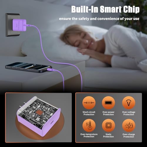Fast Charger for iPhone 17 Pro Max, Super Fast USB C (6+6+10) FT Cables - color: Purple
