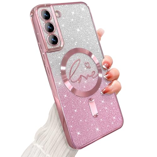 ZONRW for Samsung Galaxy S21 Case Magnetic,for Women Girl Soft Cute Luxury Love Heart Plating Bling Gradient Glitter Clear Phone Case Compatible with MagSafe Shockproof Back Cover 6.2”-Pink - color: Pink, size: Samsung Galaxy S21