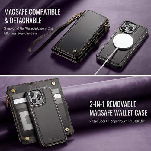 Defencase for iPhone 15 Pro Case Wallet Compatible with Magsafe, Black | Drop-Proof Magnetic Detachable Phone Cases Cover, with RFID Bolcking Card Holder, Zipper Strap, PU Leather, Removable Wallet - color: (Detachable with Magsafe)-Black