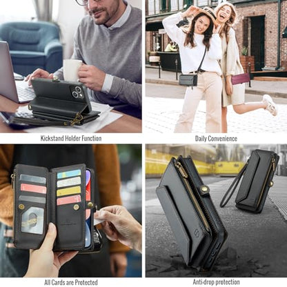 Strapurs Wallet Case Compatible with iPhone 14 Plus RFID Blocking 10-Card Holder Soft PU Leather Magnetic Snap Shoulder Strap Zipper Pocket Phone Case Fit for iPhone 14 Plus 6.7" - Black | RFID Blocking 10-Card Holder, Shoulder Lanyard, Wirst Strap, Zippe
