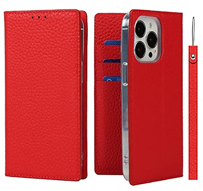 iCoverCase Compatible with iPhone 13 Pro Wallet Case, RFID Blocking Genuine Leather Magnetic Case with Wrist Strap and Card Slots Kickstand Feature Flip Cover 6.1 Inch (Red) - color: Red, size: iPhone 13 Pro