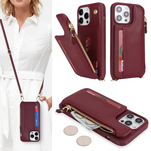 Cavor for iPhone 15 Pro Max Wallet Case with Card Holder Women, Wine red | for iPhone 15 Pro Max Case with Strap,Crossbody and Wristlet Zipper Pocket Phone Cover - color: B-Wine red