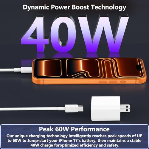 iPhone 17 Pro Max Charger Fast Charging, 40W Dynamic Power Adapter with 60W Max Woven 6FT USB-C Cable Data Sync for iPhone 17/Air/16/15 Plus/16/15 Pro Max/iPad Air mini Pro/AirPods Pro - size: 1 Pack