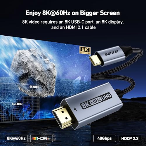 BENFEI USB C to HDMI 2.1 Cable (8K@60Hz, 4K@240Hz, 6ft, Aluminum Shell, Nylon Braided) Compatible with iPhone 15/16 Pro/Max, MacBook Pro/Air 2023, iPad Pro, Surface Book 2 More - size: 6 Feet, style: 8K@60Hz