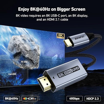 BENFEI USB C to HDMI 2.1 Cable (8K@60Hz, 4K@240Hz, 6ft, Aluminum Shell, Nylon Braided) Compatible with iPhone 15/16 Pro/Max, MacBook Pro/Air 2023, iPad Pro, Surface Book 2 More - size: 6 Feet, style: 8K@60Hz