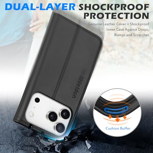 SHIELDON Genuine Leather Wallet Case for iPhone 17 Pro 6.3" 2025, Black | Flip Magnetic Cover, Kickstand, RFID Blocking, 3 Credit Card Holder, Book Design, Shockproof, Soft Inner Phone Case - color: Black