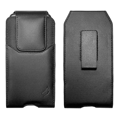 Leather Cell Phone Holster for Cricket Debut, Icon, AT&T Radiant Core, Calypso 2, Moto E6, G7 Play, Alcatel Onyx, REVVLRY REVVL2 - Vertical Case Waist Carrying Pouch with Belt Clip/Loops, Black - size: Small