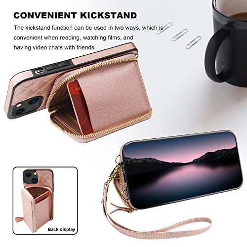Bocasal Crossbody Wallet Case Card Holder for iPhone 13, Rose Gold | RFID Blocking PU Leather Zipper Handbag Purse, Kickstand Flip Folio Case with Card Slots Holder Wrist Strap Lanyard 6.1 Inch - color: Rose Gold