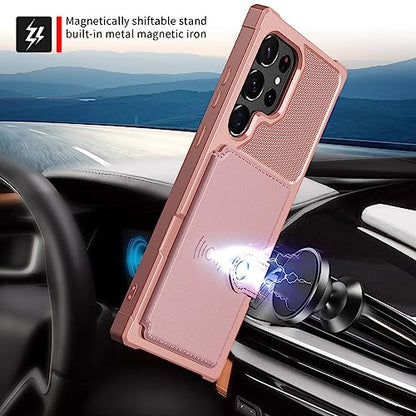 Wallet Case for Samsung Galaxy S22 Ultra, Compatible with Magnetic Car Mount, Heavy Duty Shockproof Rugged Soft TPU Back Leather Flip Credit Card Holder Cover 6.8 inch, Pink - color: Pink, size: Samsung Galaxy S22 Ultra