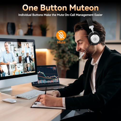 Wireless Headset with Mic for Work, Bluetooth Headset with Microphone (AI Noise Cancelling), 60 Hours Woktime Wireless Headphone for Work from Home/Call Center/Office/PC/Laptop/Computer/Zoom/Teams