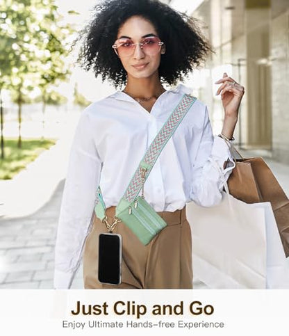 TiMOVO Clip and Go Phone Strap Crossbody with Leather Wallet, Adjustable Anti-Theft Lanyard with Pouch for Most Phone Case - color: W Stripe Green
