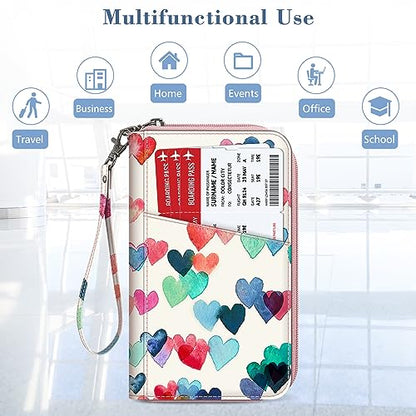 FINTIE Family Passport Holder Wallet Travel Document Organizer Clutch Bag | RFID Blocking Credit Cards Case Cover for Women Men - color: Raining Hearts