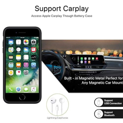Battery Case for iPhone 6/6s/7/8/SE(2020/2022),Upgraded 10000mAh Rechargeable Portable Protective Extended Charger Case Compatible with iPhone 8/7/6s/6/SE2/3 (4.7 inch) Charging Case & Carplay (Black)