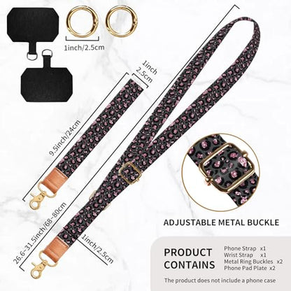 Phone Lanyard Crossbody Wrist Strap, Universal Adjustable Neck Strap for Phone Case Keys ID Badges - color: Black Glitter Leopard