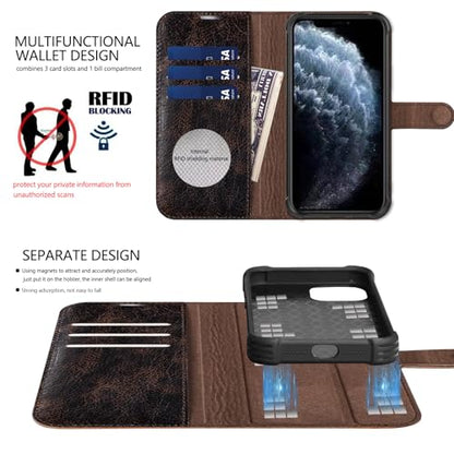 Leather Case Compatible with iPhone 15 Wallet 6.1" | Genuine Leather 2-in-1 Magnetic Detachable Shockproof,Flip Folio Cover with Card Slot,RFID Blocking Brown Coffee - color: Brown Coffee, size: 15