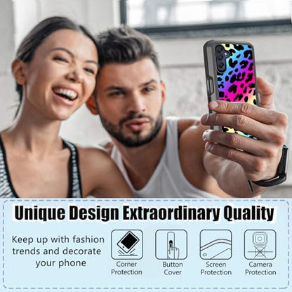 Compatible Samsung Galaxy A15 5G Case - Cute Neon Leopard Cheetah Rainbow with Screen Protector for Women Girls - Military Grade Protection - Heavy Duty Shockproof 6.5 inch - color: Rainbow Leopard