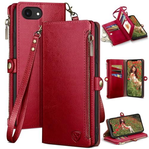 XcaseBar Compatible with ‌iPhone 16e 6.1"/17e 6.1" Wallet case with Zipper Credit Card Holder【RFID Blocking】,Flip Folio Book PU Leather Phone case Shockproof Cover Women Men for Apple 16e case Red - color: Red