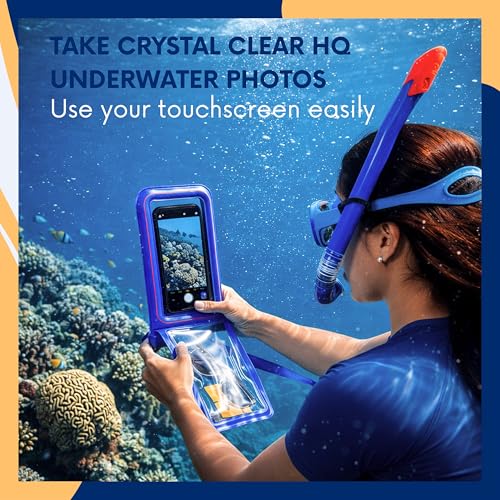 AQUAVAULT Floating Waterproof Phone Pouch, IPX8 Underwater, Large, 2 Pack | Underwater Phone Pouch with Dual Compartment for Phone & Valuables, Armband + Lanyard, Fits iPhone 17/16/15 Pro Max, S26/S25 - color: Blue and Pink