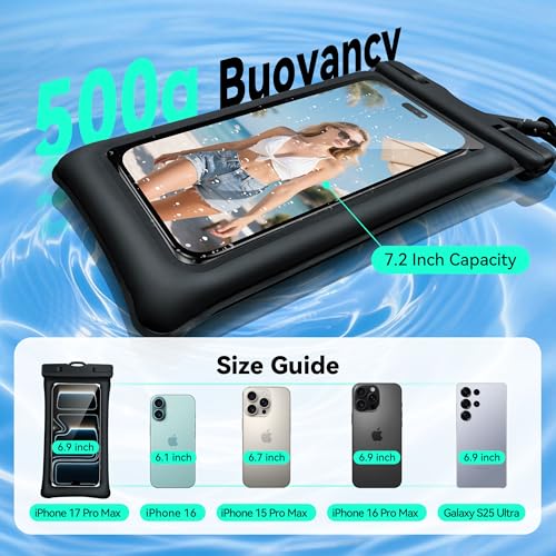 Floating Waterproof Phone Pouch 2 Pack - Dual Floatable Airbags Up to 7.2", IPX8 Waterproof Phone Dry Bag with Lanyard for Beach, for iPhone 17 16 15 Samsung Galaxy Etc., Black + Black - color: Black + Black