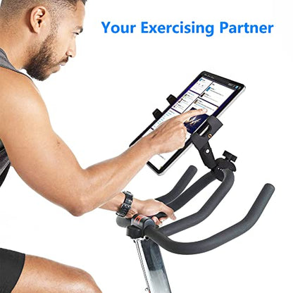 Treadmill Tablet Ipad Holder Bike Handlebar Mount Clamp for Stationary Bicycle Elliptical Spin Bike Peloton Stroller for 4-13" Devices, iPad Pro 12.9, Air, Mini, Galaxy Tabs, iPhone