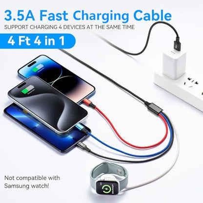 2Pack Multi Charging Cable Braided USB C/Lightning/Micro Port for Apple Watch Charger USBC Magnetic Wireless Charger iWatch Series 11-1/iPhone 17 16 15 14/Galaxy Android/PS-4ft
