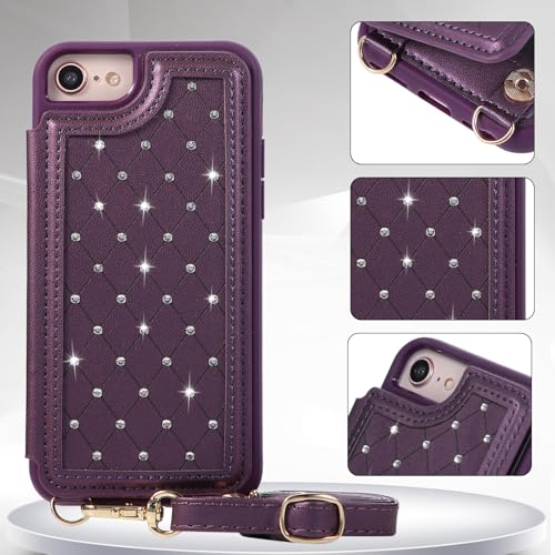 for iPhone 7/8/SE 2022/SE 2020 Wallet Case with Card Holder Slots and Strap, RFID Blocking Magnetic Flip Folio Cover, Crossbody Purse Protection Case with Kickstand,Deep Purple Diamond - color: Deep Purple Diamond, size: iPhone 7/8/SE 2022/SE 2020(6.6")