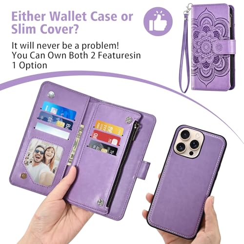 Asuwish Phone Case for iPhone 16 Pro 6.3 inch Zipper Wallet Magnetic Detachable Cell Cover with Tempered Glass Screen Protector Crossbody Strap Flower Card Holder Slot i Phone16 i16 16Pro Women Purple - color: Purple