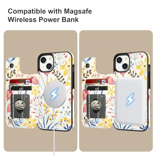 HAOPINSH for iPhone 14 Case Wallet Compatible with MagSafe Wireless Charging, Floral Flower Pattern Back Flip Folio RFID Blocking Leather Kickstand Card Slots Case Double Magnetic Clasp Cover 6.1" - color: Floral Flower MagSafe