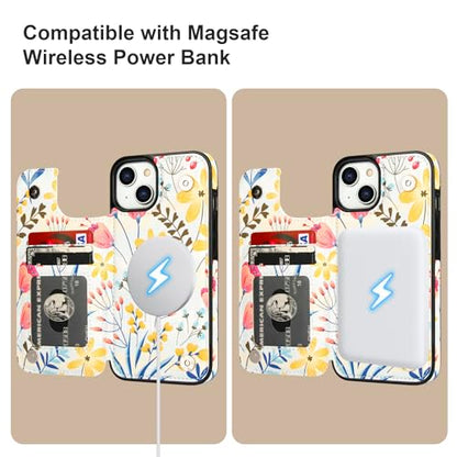 HAOPINSH for iPhone 14 Case Wallet Compatible with MagSafe Wireless Charging, Floral Flower Pattern Back Flip Folio RFID Blocking Leather Kickstand Card Slots Case Double Magnetic Clasp Cover 6.1" - color: Floral Flower MagSafe