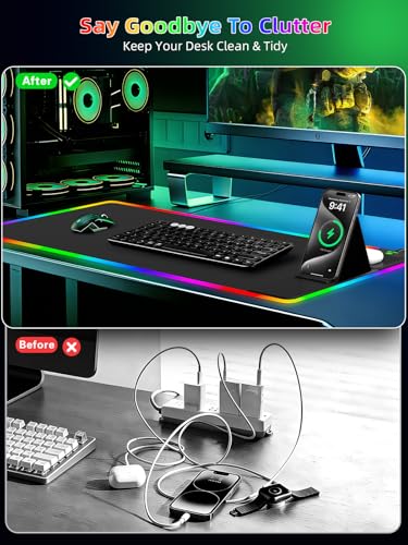 Mouse Pad with Foldable Phone Holder & Wireless Charger, XXL RGB Gaming Mousepad 31.5"x15.8" Large Desk Mat for Keyboard, Black Desk Pad with Dual Qi Charging Station | 11 Colors 5 Modes | Waterproof - color: Black-Right Phone Holder-31.5"x15.8"