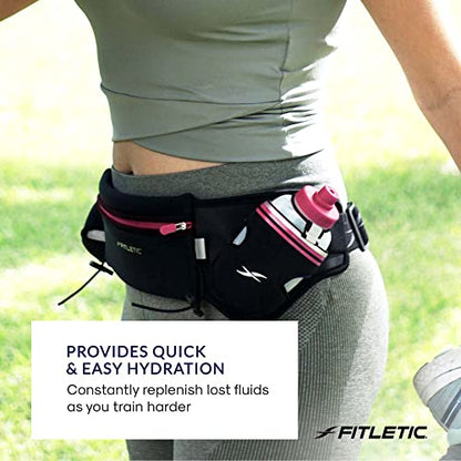 Fitletic Hydration Running Belt with Water Bottles for Men & Women – 2 Quick Flow 8oz Running Water Bottles, Patented Bounce Free Design, Water Resistant Pouch Fits All Phones – Hydra 16 - size: S/M (24"-34"), style: Black & Pink