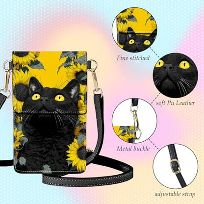Small Crossbody Bags for Women Touchscreen Cell Phone Bag Cross Body Purses with adjustable Strap,Gifts For Teenage Girls - color: Black Cat & Sunflower