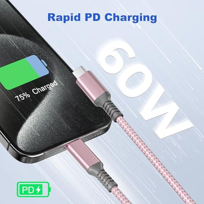 Basesailor USB C to USB C 60W Cable 3.3FT 2Pack Pink Braided Fast Charging - color: Pink, size: 3.3FT/1M
