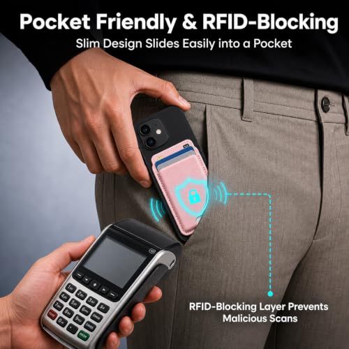 MagSafe Wallet with Wrist Strap, 3 Card Holder with RFID Blocking, MagSafe Sticker Included, Slim Magnetic Phone Wallet for iPhone 17e/17/16/15/14/13/12 Series and Selected Samsung Devices - color: Pink