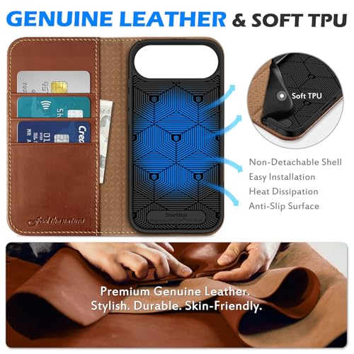 SHIELDON Genuine Leather Wallet Case for iPhone Air 6.5" 2025, Retro Brown | Magnetic Closure, RFID Blocking, Credit Card Holder, Kickstand, Folio Design, Shockproof Protective Cover - color: Retro Brown