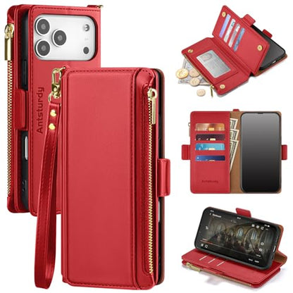 Antsturdy for iPhone 17 Pro Max Phone Wallet Case Women,Red | RFID Blocking,with Credit Card Holder Slots,PU Leather Purse,Zipper Pocket,Wrist Strap Kickstand,Flip Folio Cover for Men - color: Red