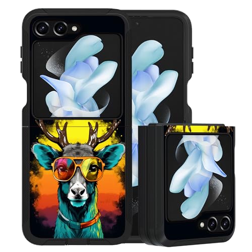 for Samsung Galaxy Z Flip 5 Case, Heavy Duty Dual Layer Hybrid Military Grade Shockproof Drop Folding Protective Cover for Samsung Galaxy Z Flip 5 5G 2023, Cool Deer with Sunglasses - color: Cool Deer with Sunglasses